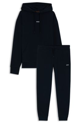 Cotton-terry tracksuit set with contrast logos, Dark Blue