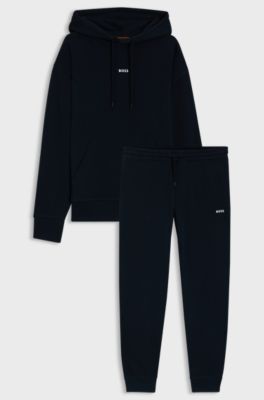 Cotton-terry tracksuit set with contrast logos, Dark Blue