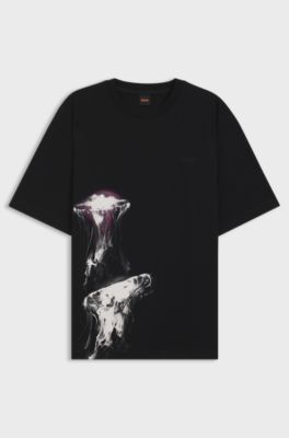 Cotton-jersey T-shirt with jellyfish print, Black