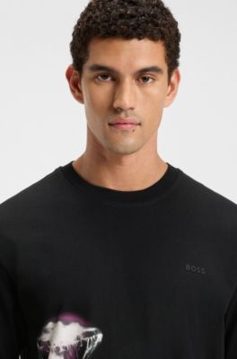 Cotton-jersey T-shirt with jellyfish print, Black