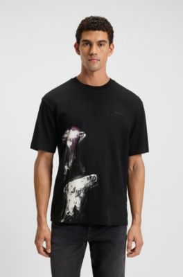 Cotton-jersey T-shirt with jellyfish print, Black