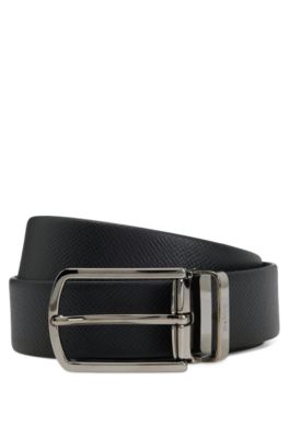 Reversible belt in structured and smooth Italian leather, Black
