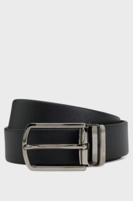 Reversible belt in structured and smooth Italian leather, Black