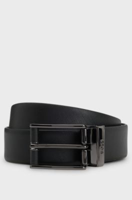 Reversible belt in smooth and structured Italian leather, Black