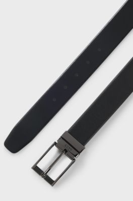Reversible belt in smooth and structured Italian leather, Black