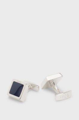 Square brass cufflinks with enamel insert, Dark Blue