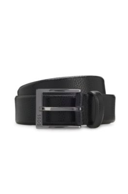 Grained Italian-leather belt with logo buckle, Black