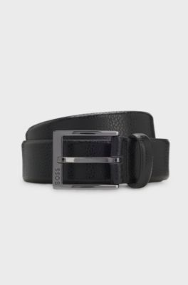 Grained Italian-leather belt with logo buckle, Black