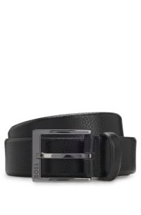 Grained Italian-leather belt with logo buckle, Black