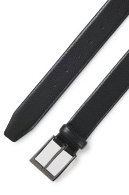 Grained Italian-leather belt with logo buckle, Black