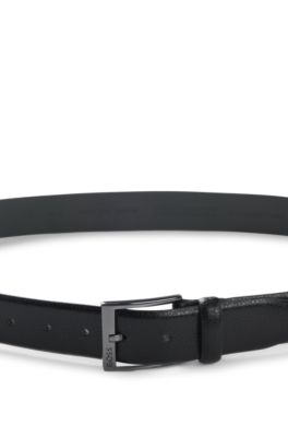 Grained Italian-leather belt with logo buckle, Black