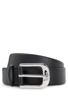Grained Italian-leather belt with polished pin buckle, Black
