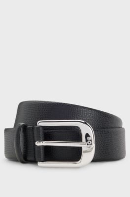 Grained Italian-leather belt with polished pin buckle, Black