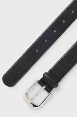 Grained Italian-leather belt with polished pin buckle, Black