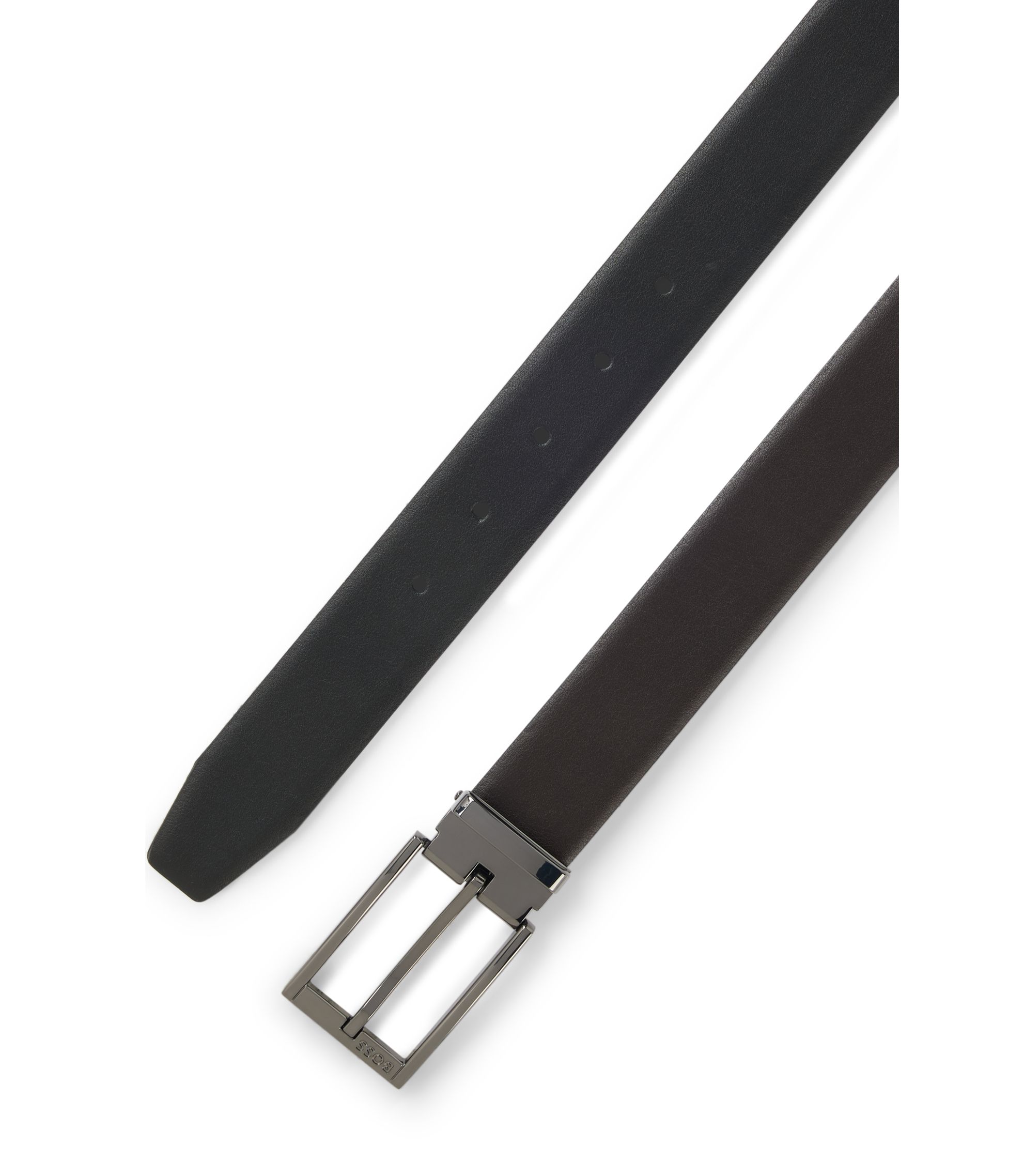 ブラックレザー ベルト ロゴバックル BOSS - レザーベルト ロゴバックル - ブラック