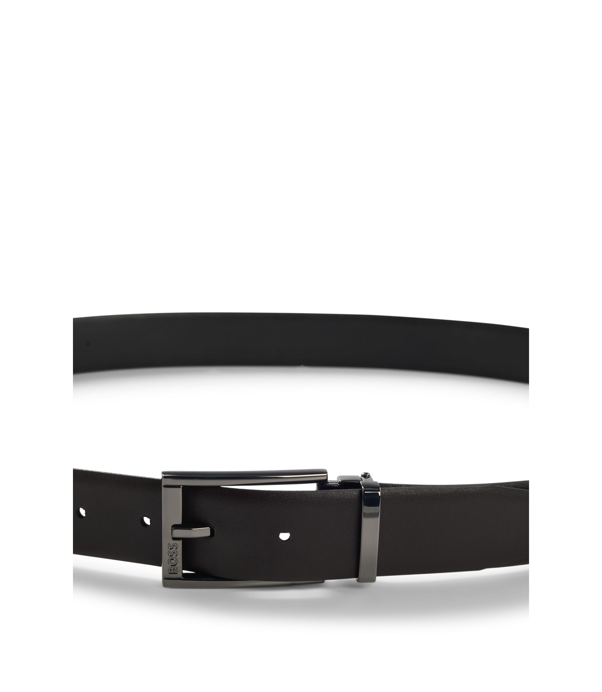 ブラックレザー ベルト ロゴバックル BOSS - レザーベルト ロゴバックル - ブラック