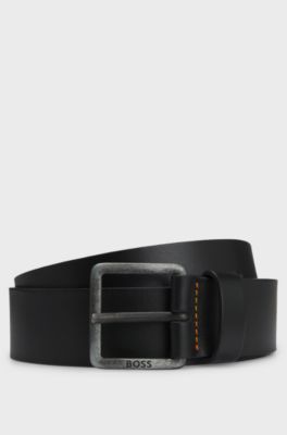 Ceinture en cuir avec boucle logot&eacute;e, Noir