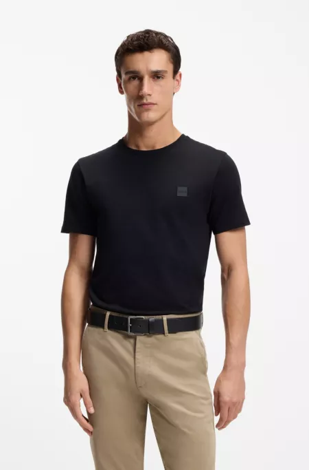 Leather belt with logo buckle