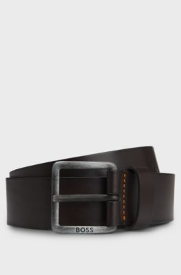 Leather belt with logo buckle, Dark Brown