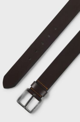 Leather belt with logo buckle, Dark Brown