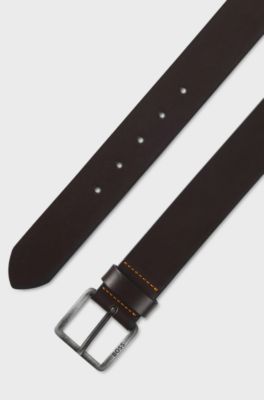 로고 버클 가죽 벨트, 다크 브라운
