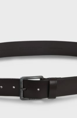 Leather belt with logo buckle, Dark Brown