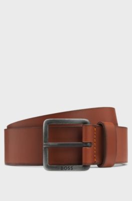 Leather belt with logo buckle, Brown