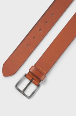 Leather belt with logo buckle, Brown