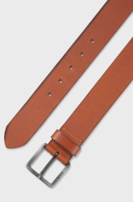 Leather belt with logo buckle, Brown