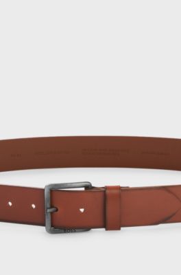 Leather belt with logo buckle, Brown