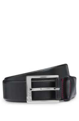 Grained-leather belt with silver-tone hardware, Black