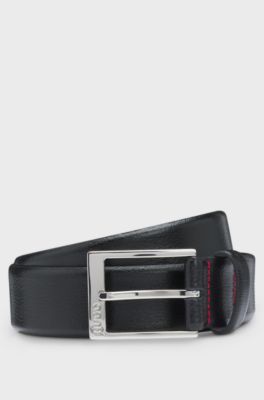 Grained-leather belt with silver-tone hardware, Black