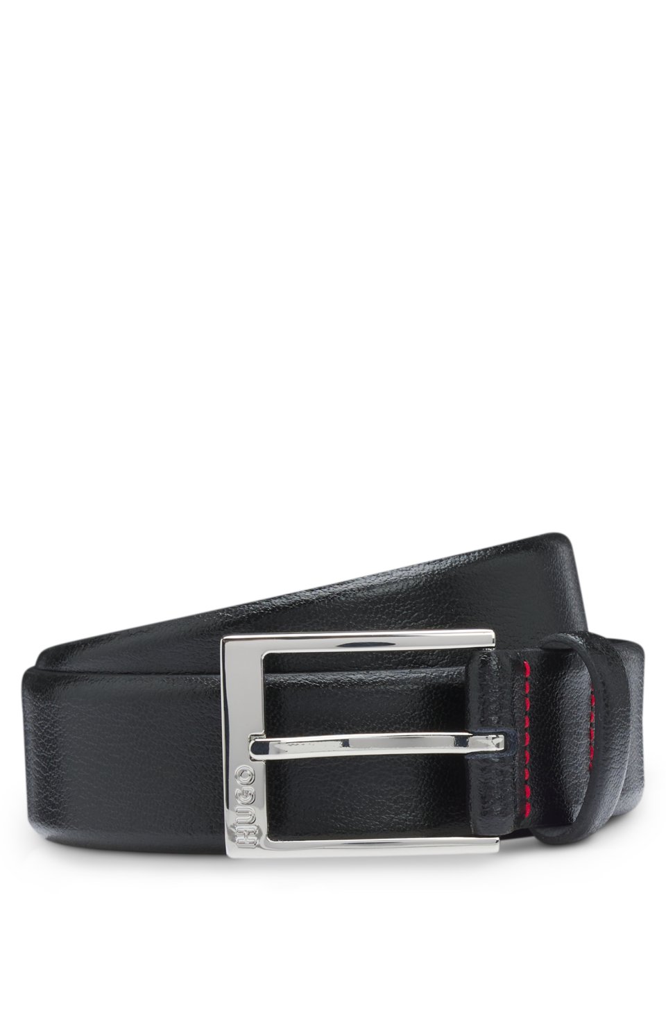 Grained-leather belt with silver-tone hardware
