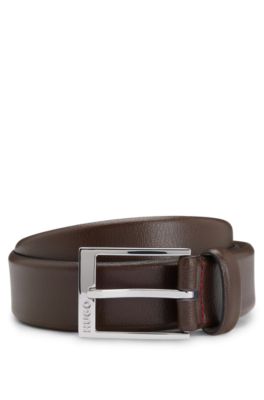 Grained-leather belt with silver-tone hardware, Dark Brown