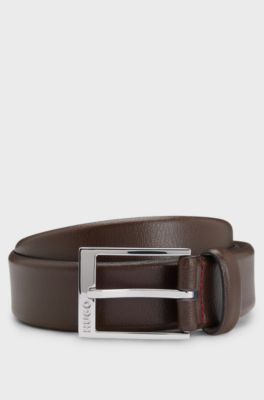 Grained-leather belt with silver-tone hardware, Dark Brown