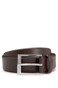 Grained-leather belt with logo-engraved buckle, Dark Brown