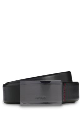 Italian-leather belt with logo-engraved plaque buckle, Black