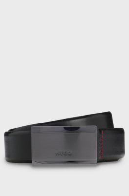 Italian-leather belt with logo-engraved plaque buckle, Black
