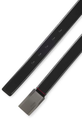 Italian-leather belt with logo-engraved plaque buckle, Black