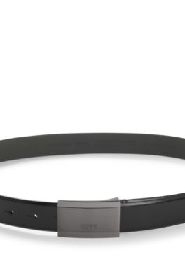Italian-leather belt with logo-engraved plaque buckle, Black