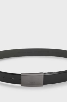 Italian-leather belt with logo-engraved plaque buckle, Black