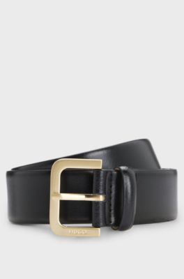 Ceinture en cuir avec boucle &agrave; logo grav&eacute;, Noir