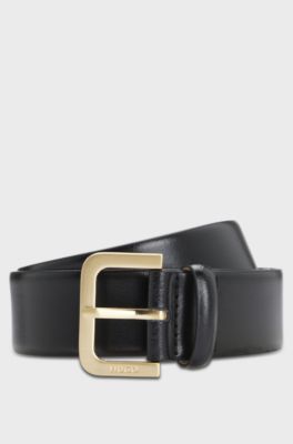 Leather belt with logo-engraved buckle, Black