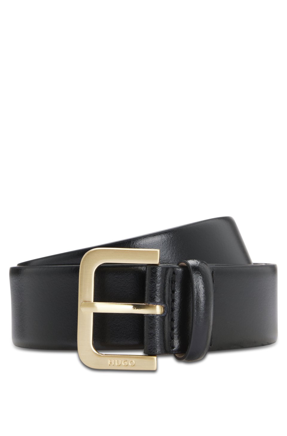 Leather belt with logo-engraved buckle