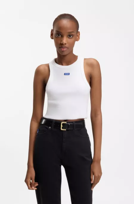 Leather belt with logo-engraved buckle