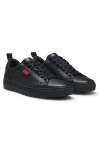 Faux-leather trainers with red logo flag, Black