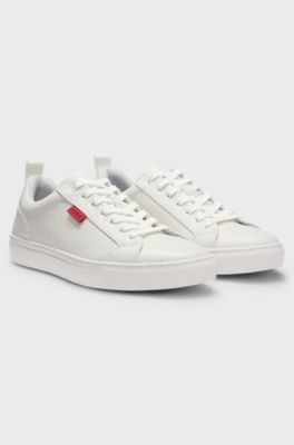 Faux-leather trainers with red logo flag, White