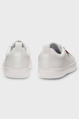 Faux-leather trainers with red logo flag, White