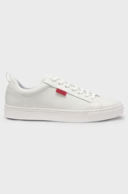 Faux-leather trainers with red logo flag, White