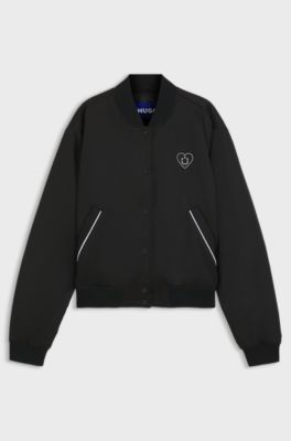 Padded varsity-style jacket with Happy HUGO logos, Black